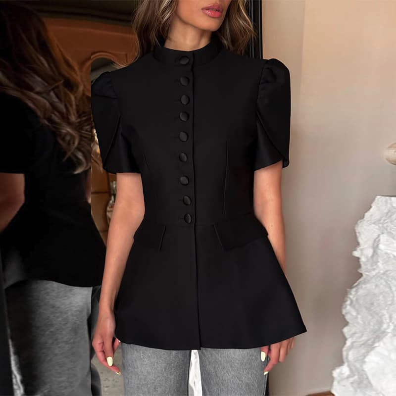 Blusa de cuello parado y cintura alta con manga tipo globo