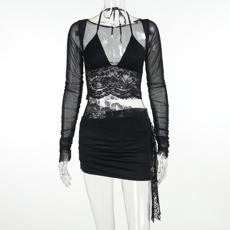 Vestido manga larga con escote V profundo y encaje