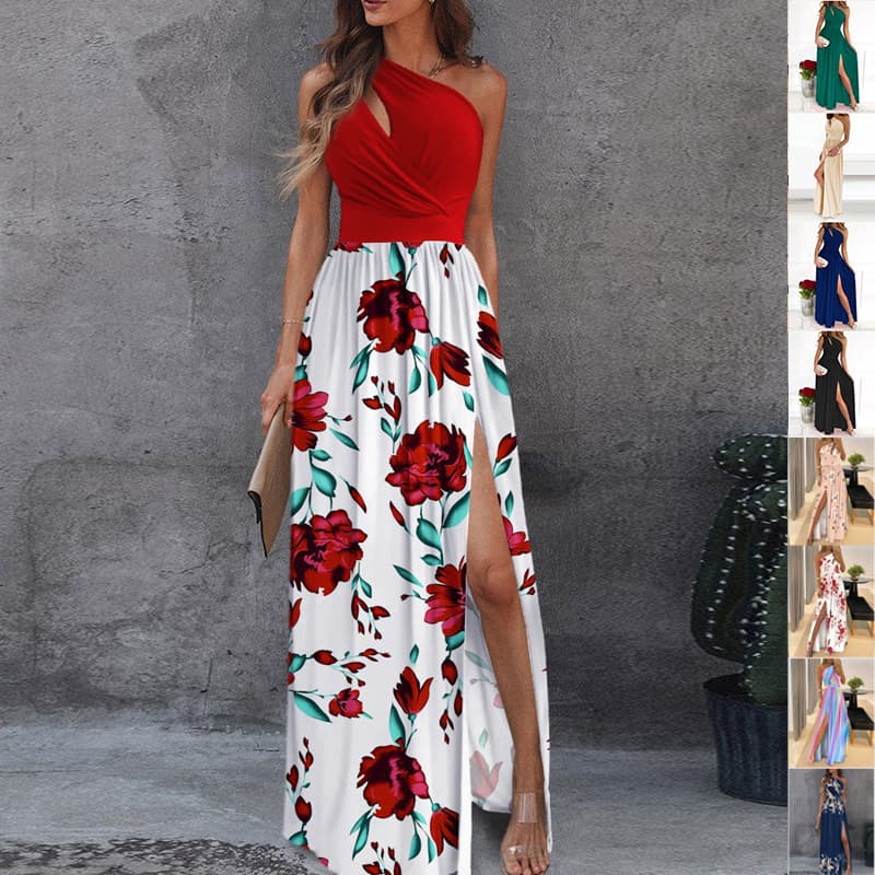 Vestido largo plisado con estampado de rosa y hombro descubierto