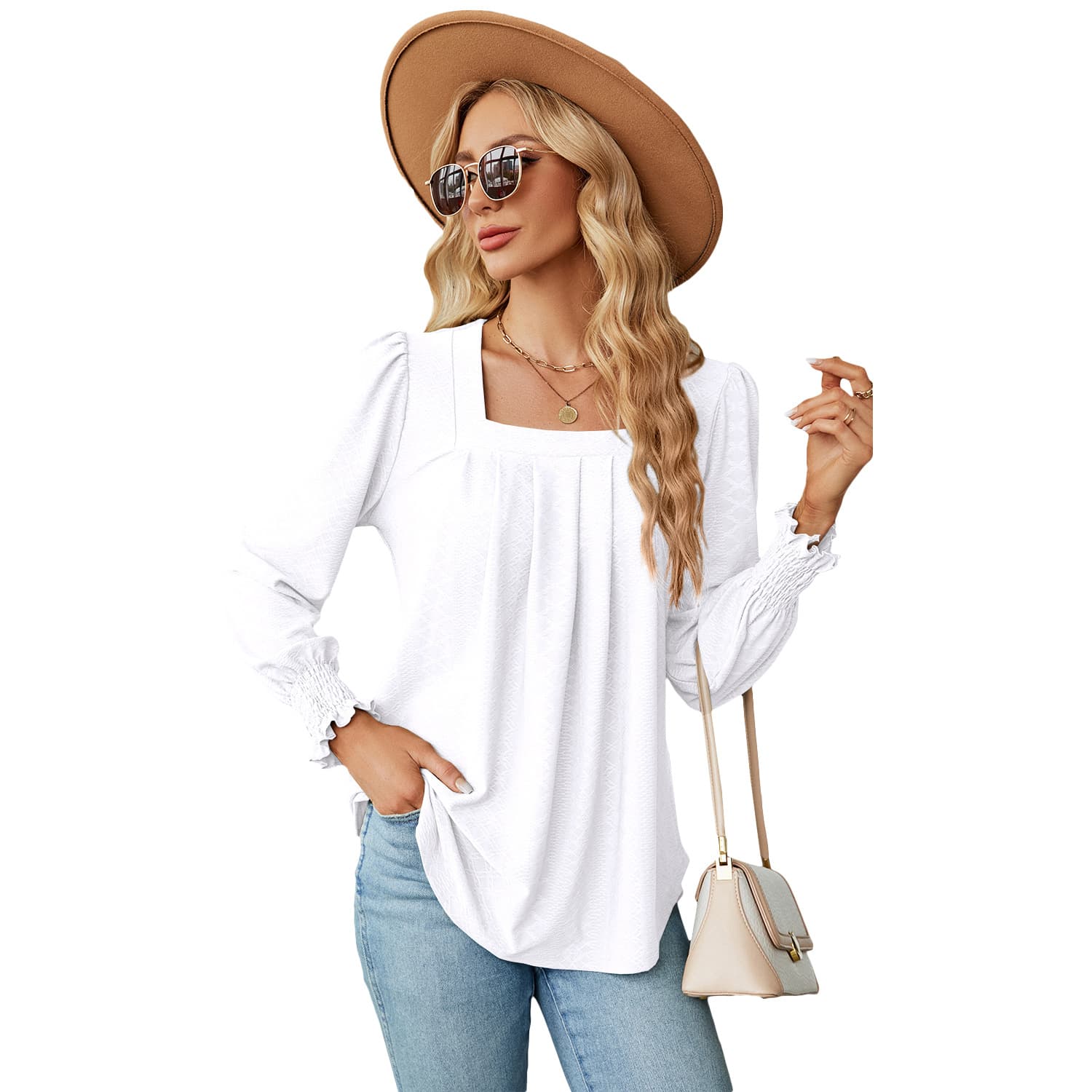 Blusa mujer rayón cuello cuadrado manga larga