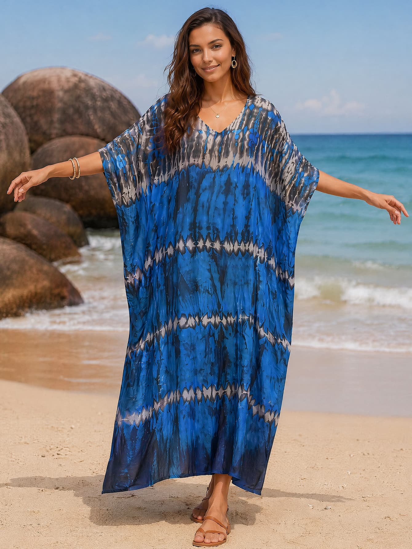 Kaftan playero de viscosa con cuello en V y mangas mariposa