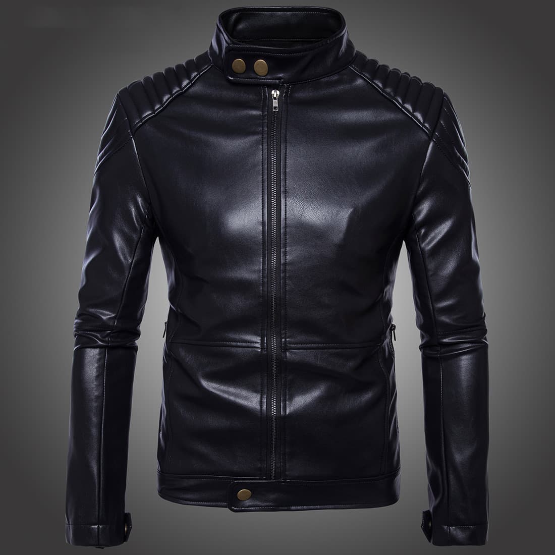 Chaqueta de cuero para hombre, estilo moto ajustada