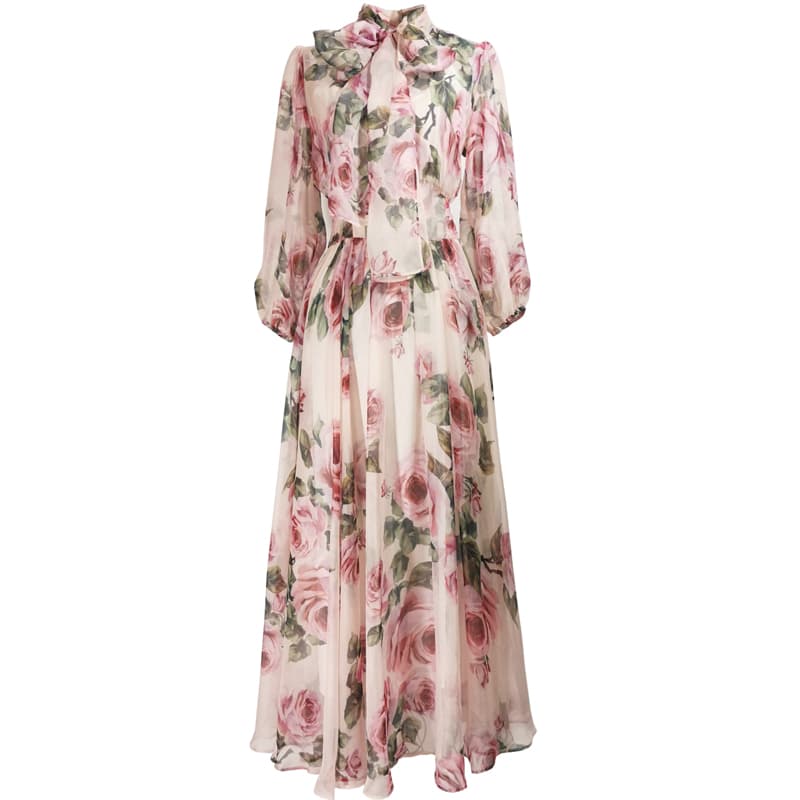 Vestido largo de gasa con estampado floral y manga farol