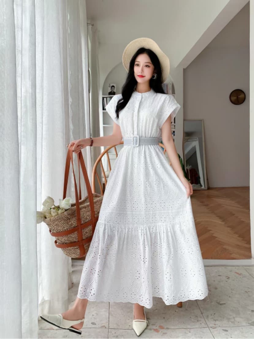 Vestido retro algodón manga corta bordado calado