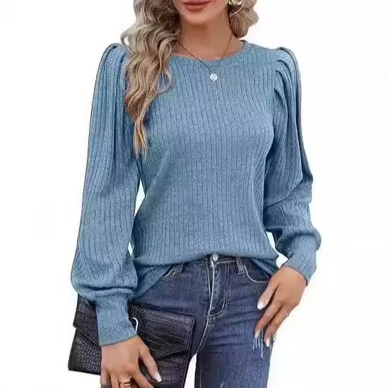 Camiseta manga larga con hombros abullonados cuello redondo