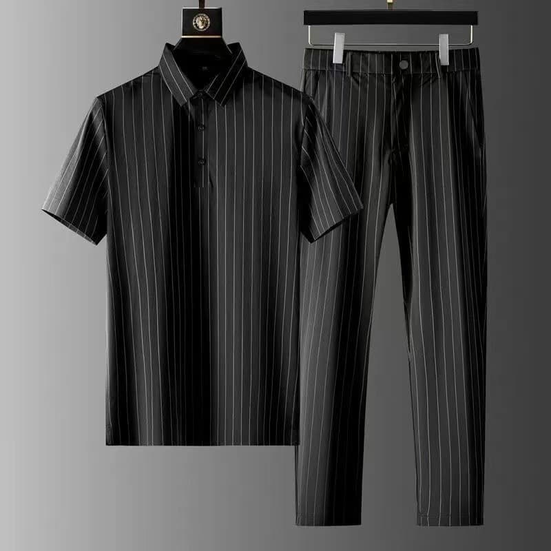 Conjunto hombre seda fría rayas manga corta pantalón largo
