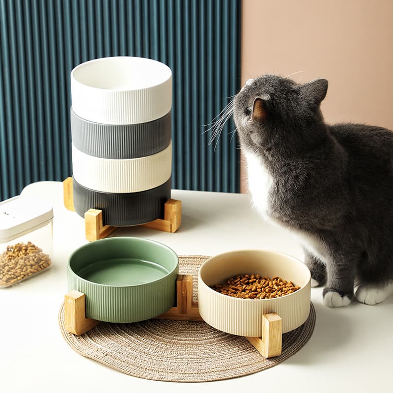 Comedero de cerámica para gatos con marco anti-volcado