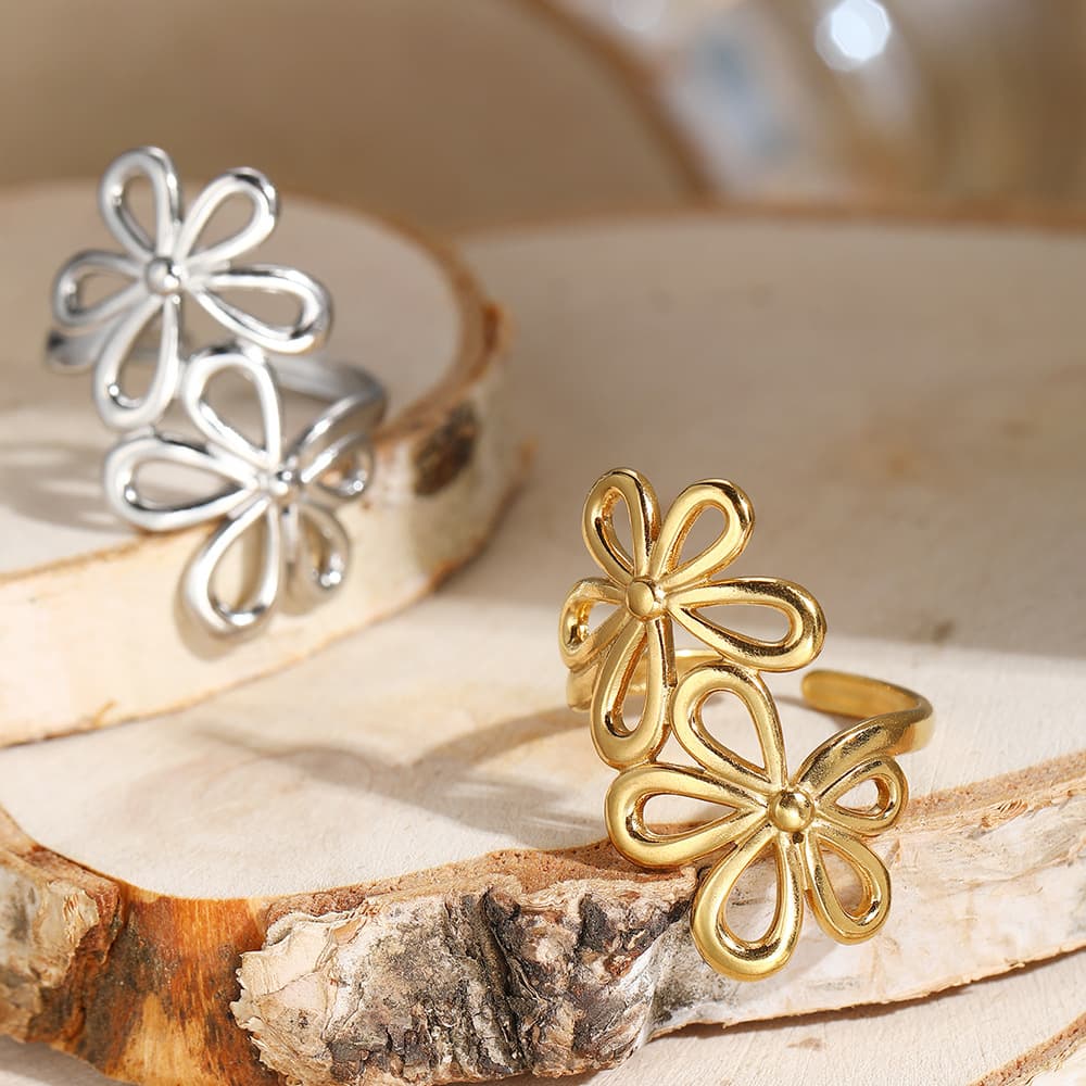 Anillo flor hueco bohemio de acero inoxidable