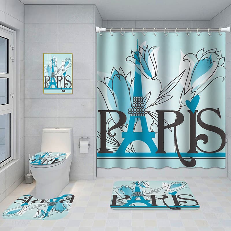 Juego de baño 5 piezas con cortina estampada y tapetes