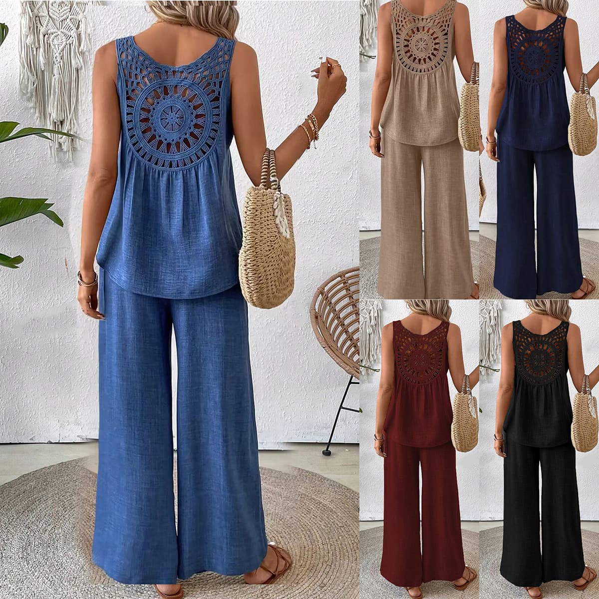 Traje de blusa sin manga con espalda hueca y pantalón ancho