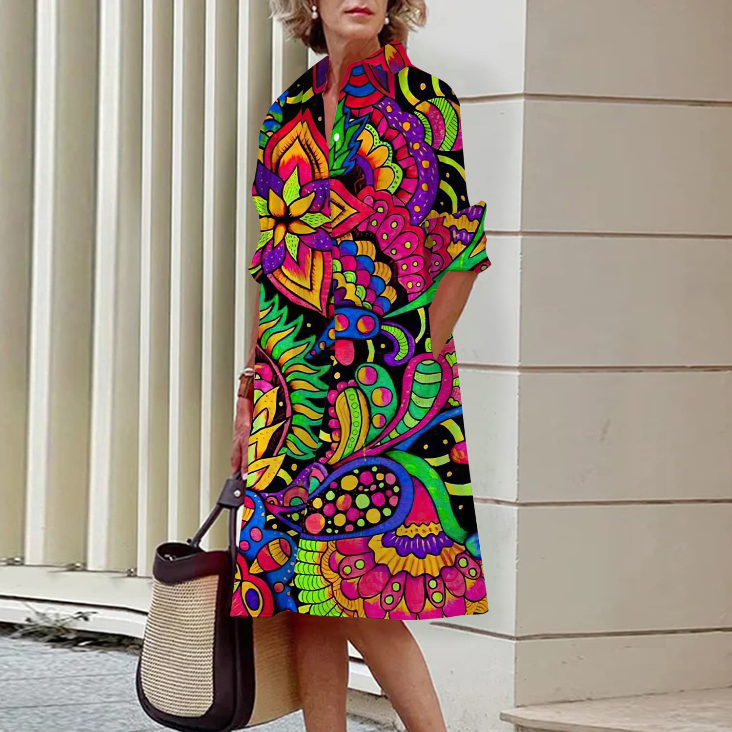 Vestido camisero con estampado abstracto en 3D digital