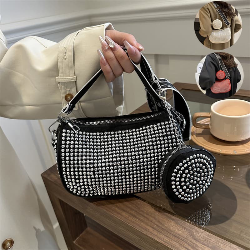 Bolsa de hombro con strass y monedero pequeño