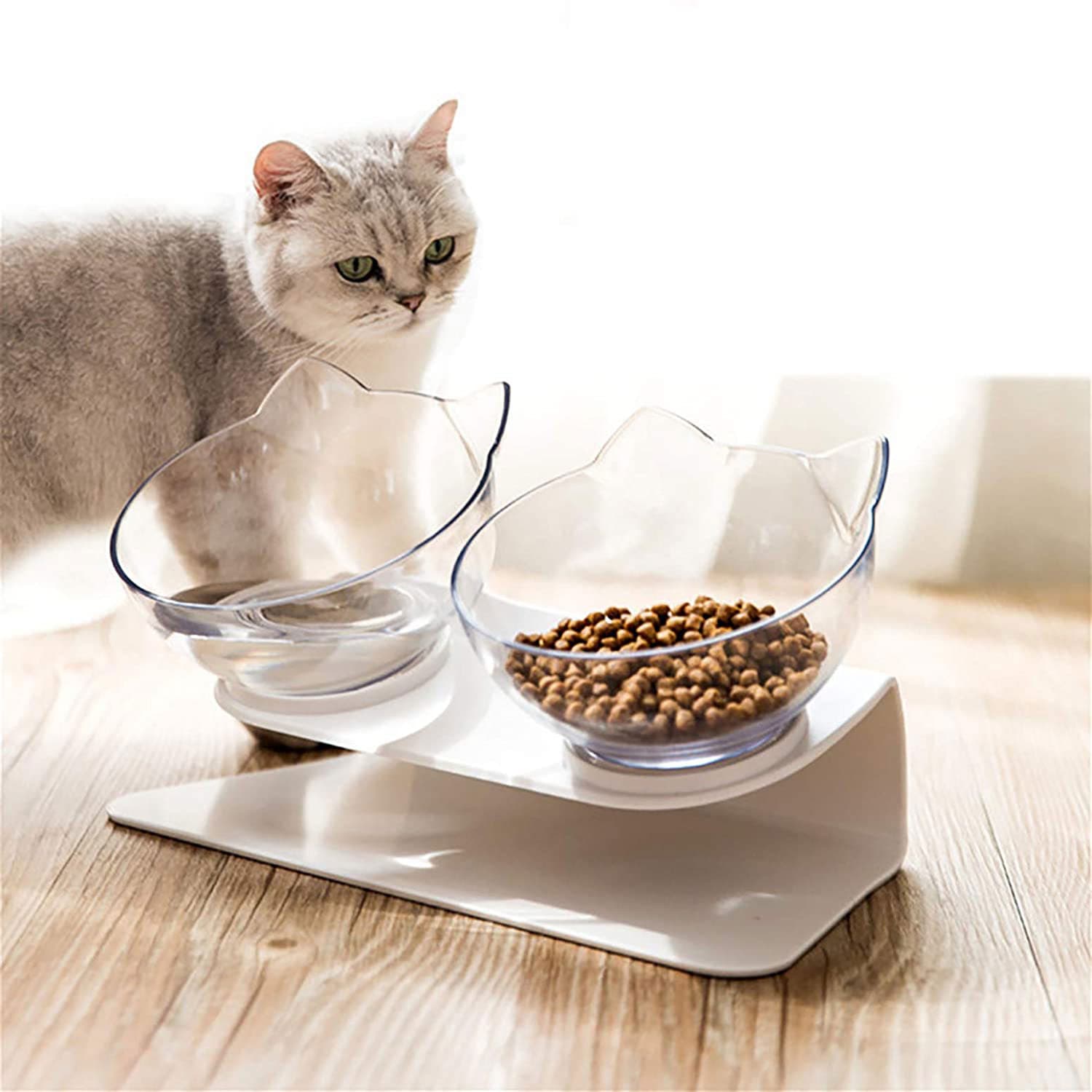 Comedero elevado para gatos y perros con cuenco transparente