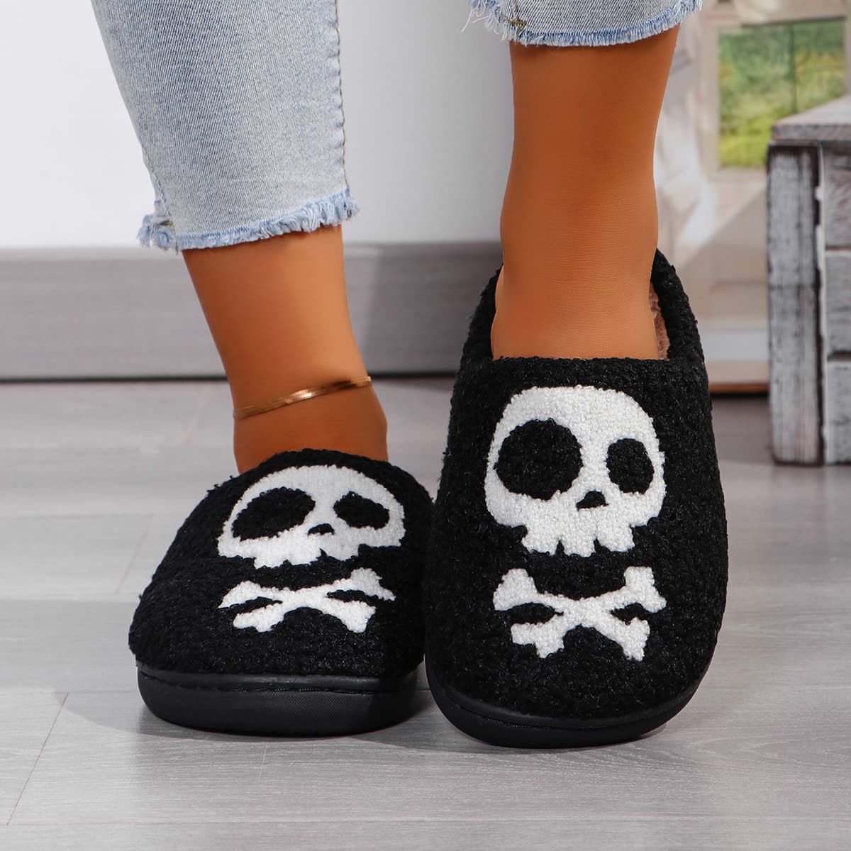Pantuflas cómodas de calavera para Halloween en algodón