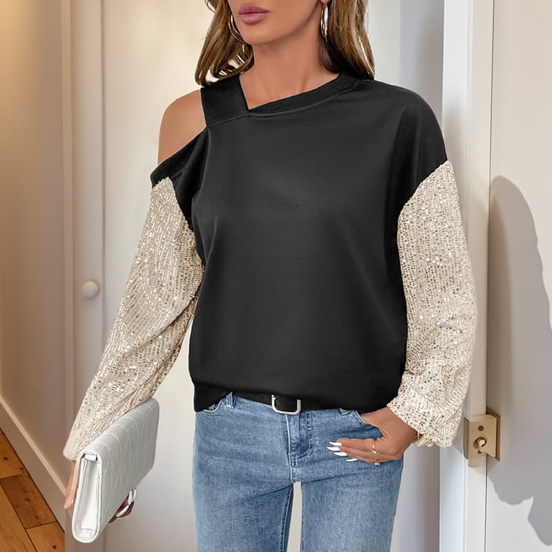 Sudadera de cuello abierto con lentejuelas de manga larga multicolor