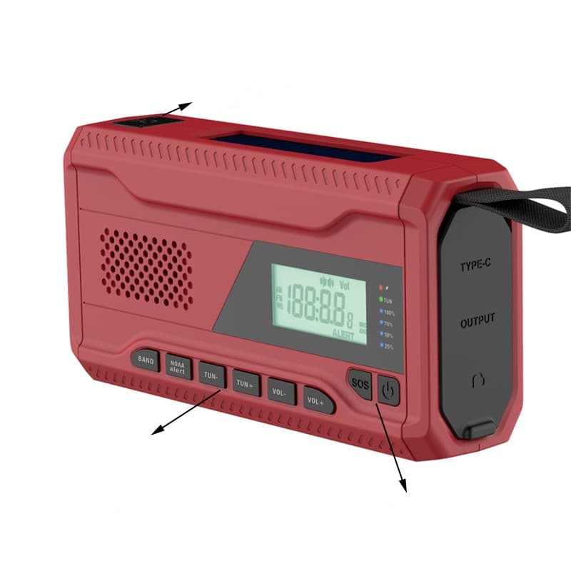 Radio de emergencia portátil con carga solar y manivela manual