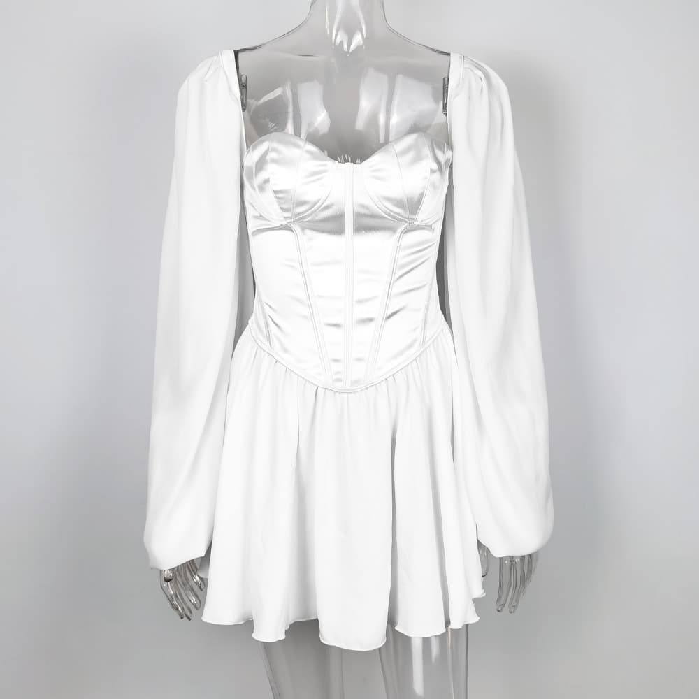 Vestido elegante de gasa con mangas farol y corte entallado