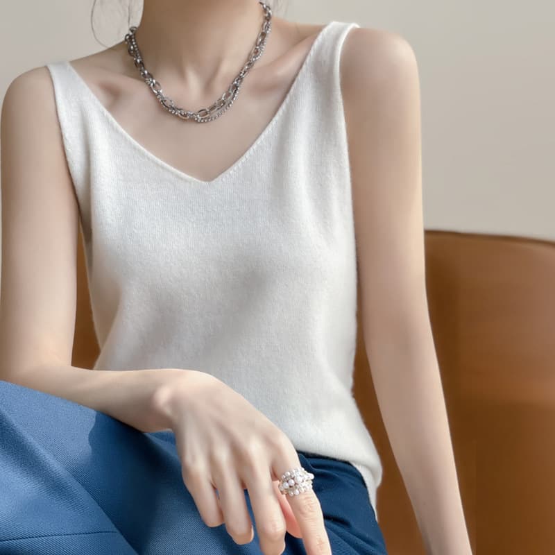 Chaleco de cachemira para mujer sin mangas con cuello en V