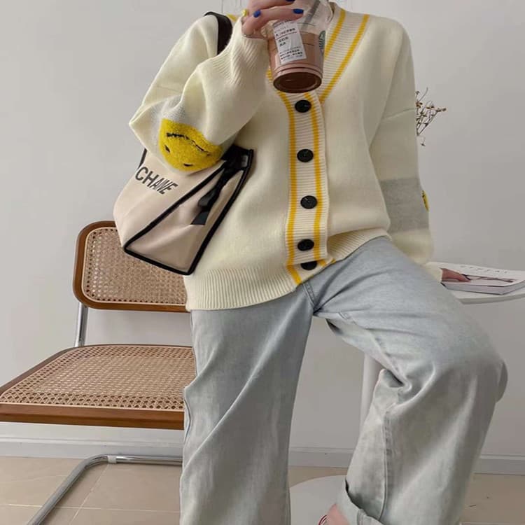 Cardigan tejido Jacquard casual con costuras contrastantes