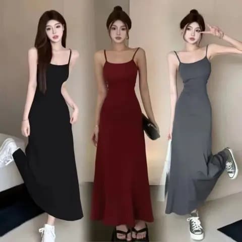 Vestido largo tipo tirantes con hombro caído