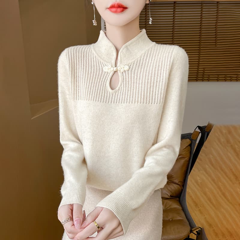 Suéter retro para mujer con cuello de pie y hebilla