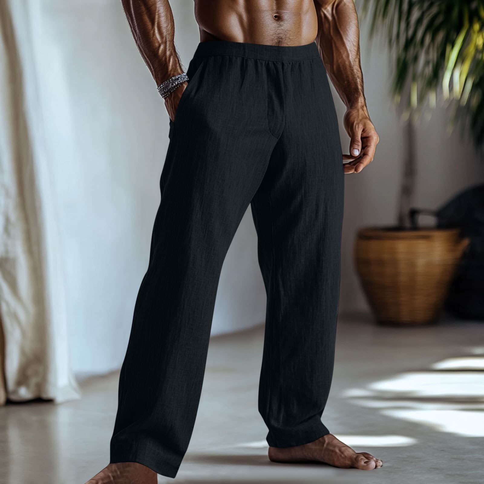 Pantalones casuales algodón y lino con bolsillos