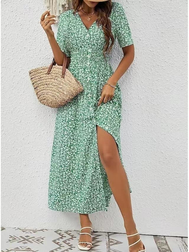 Vestido de verano con cuello en V, estampado y mangas cortas