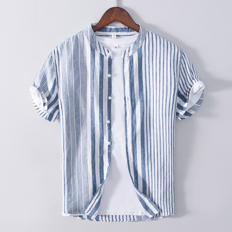 Camisa de lino a rayas manga corta para hombre