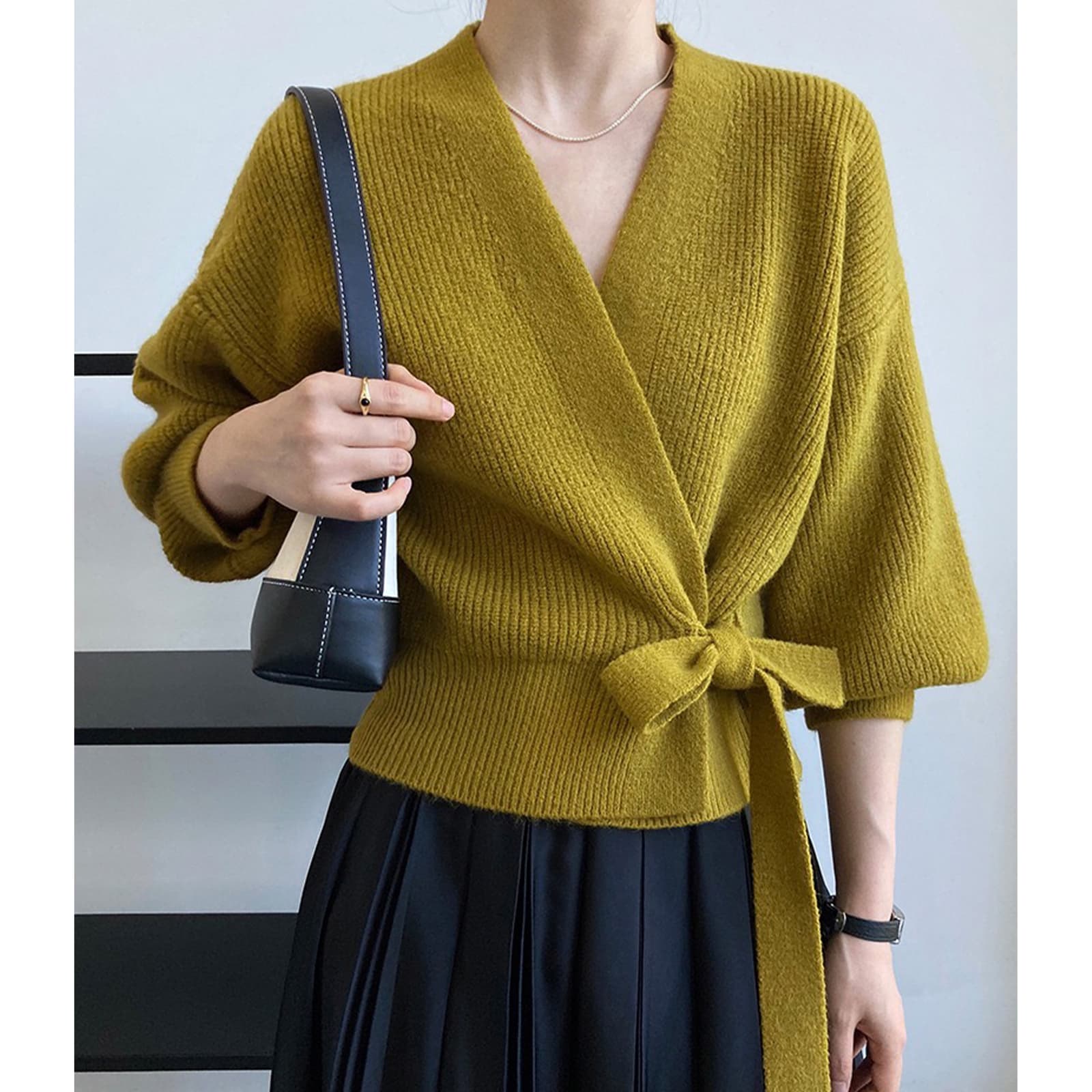 Cardigan francés retro tejido con cuello V y cintura ajustable