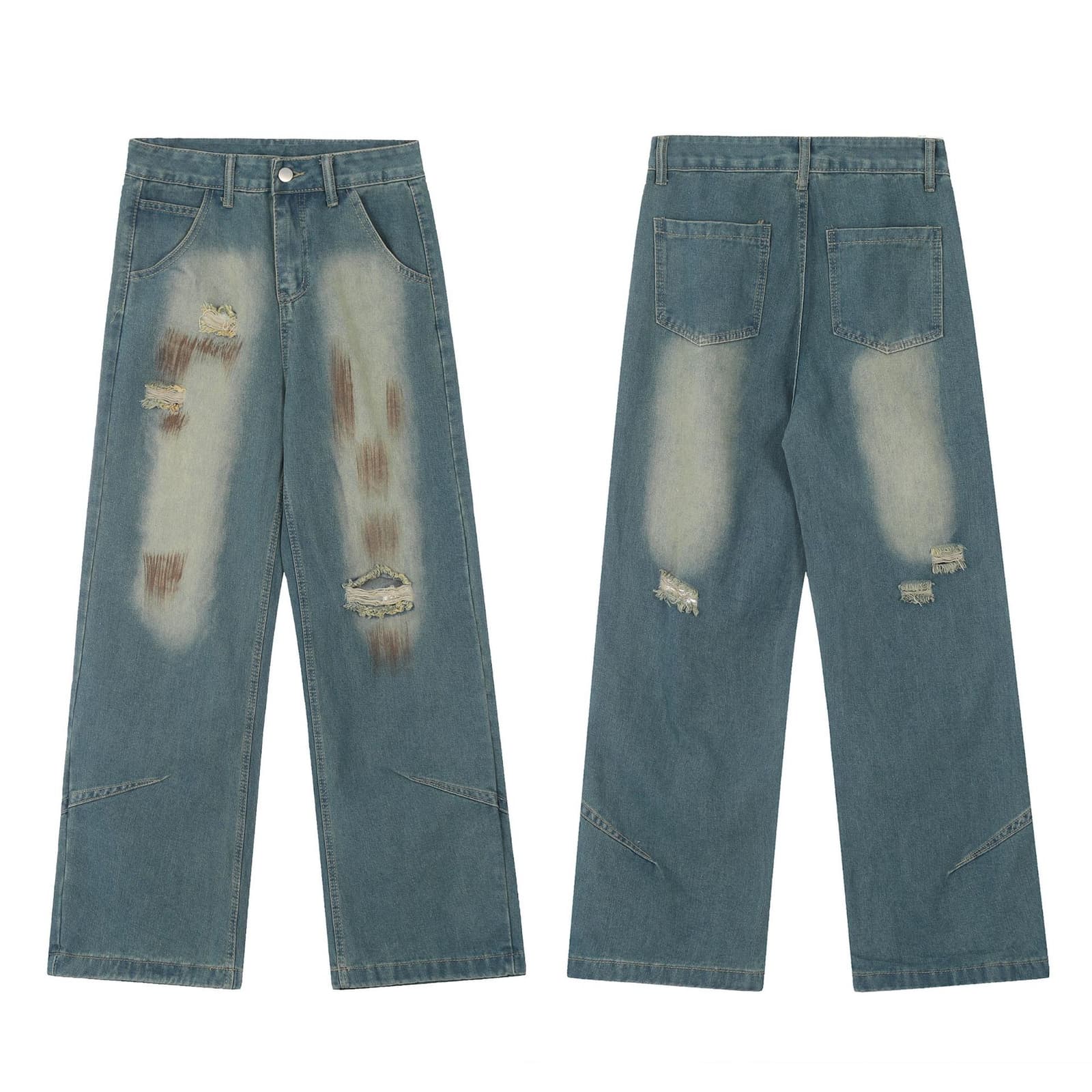 Pantalón denim recto con detalles de contraste perforados