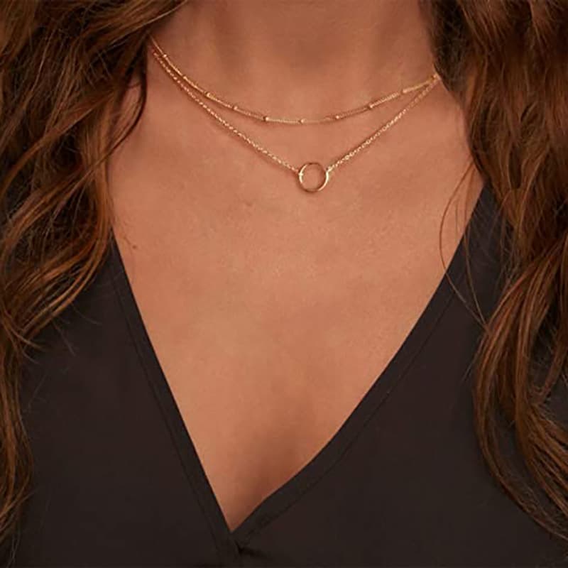 Collar de doble capa con anillo redondo estilo retro