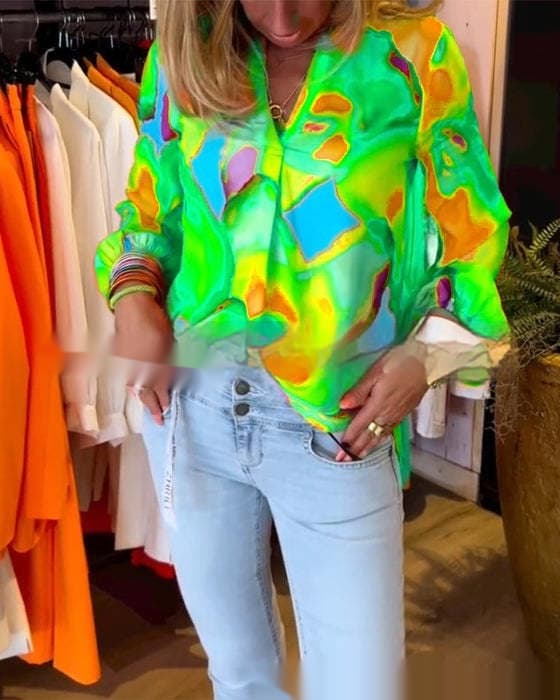 Blusa de manga larga escote V estampado fashion