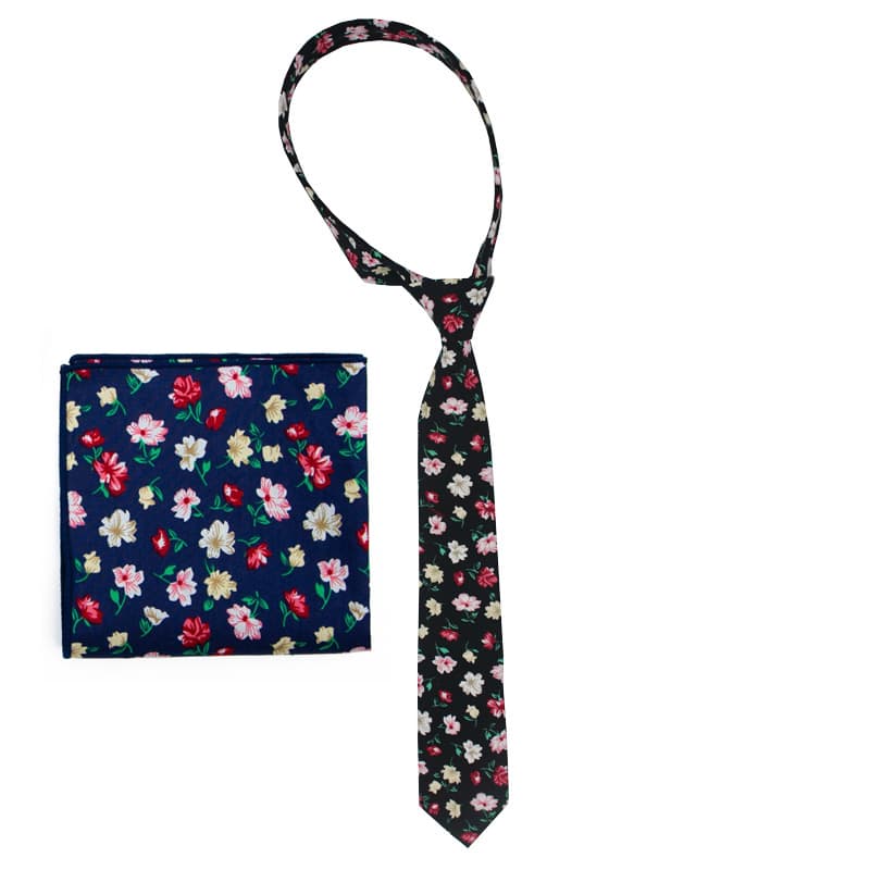 Corbata y pañuelo de bolsillo de algodón con estampado floral