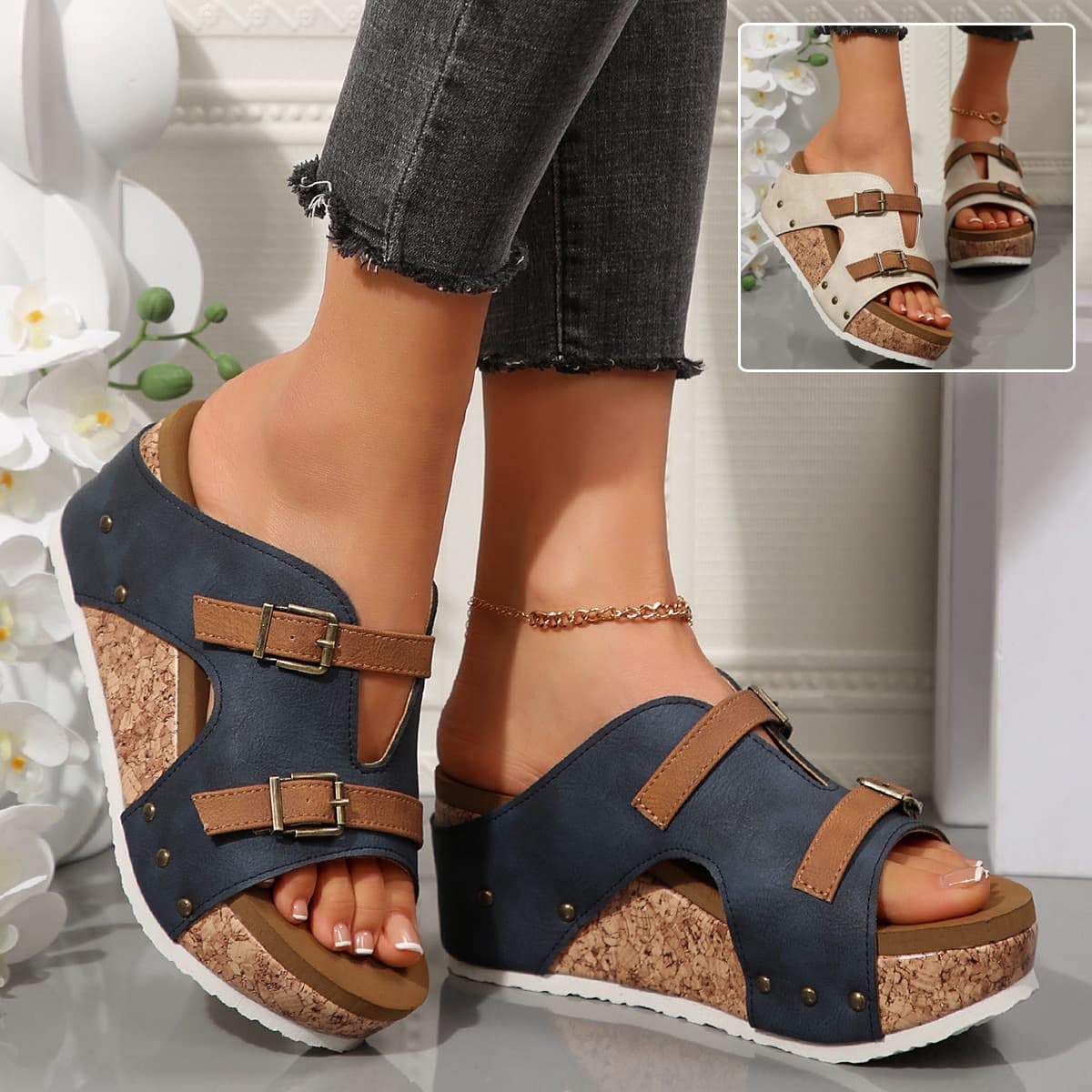 Sandalias cuña punta abierta con hebilla y suela EVA