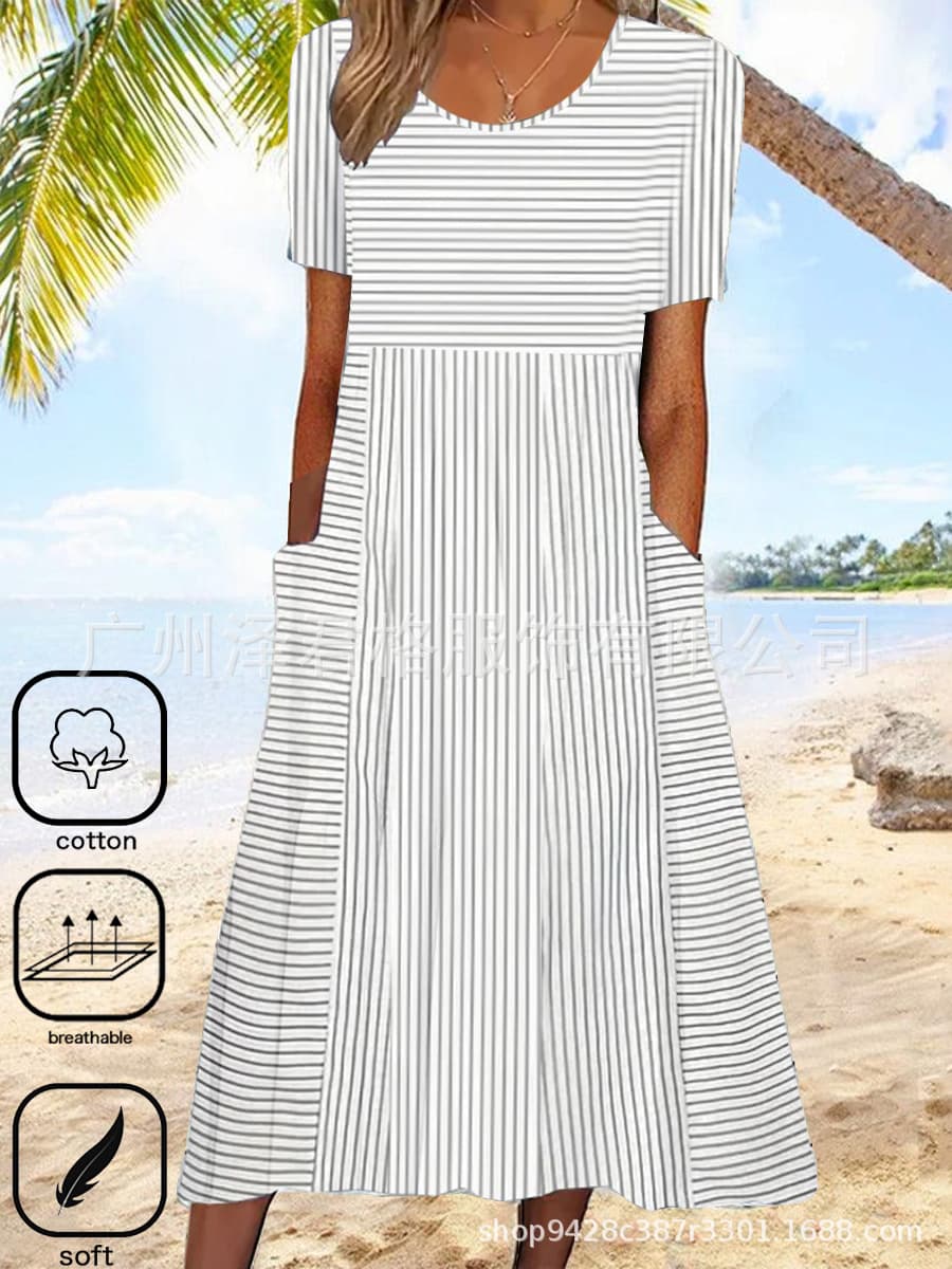 Vestido casual mujer cuello redondo mangas cortas rayas