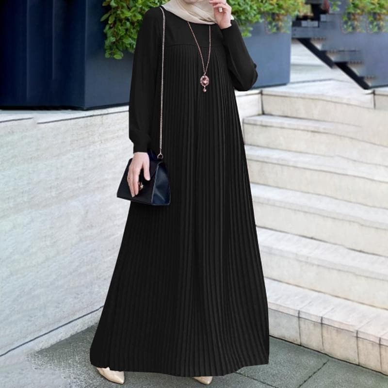 Vestido plisado de cuello redondo y manga larga con cintura suelta