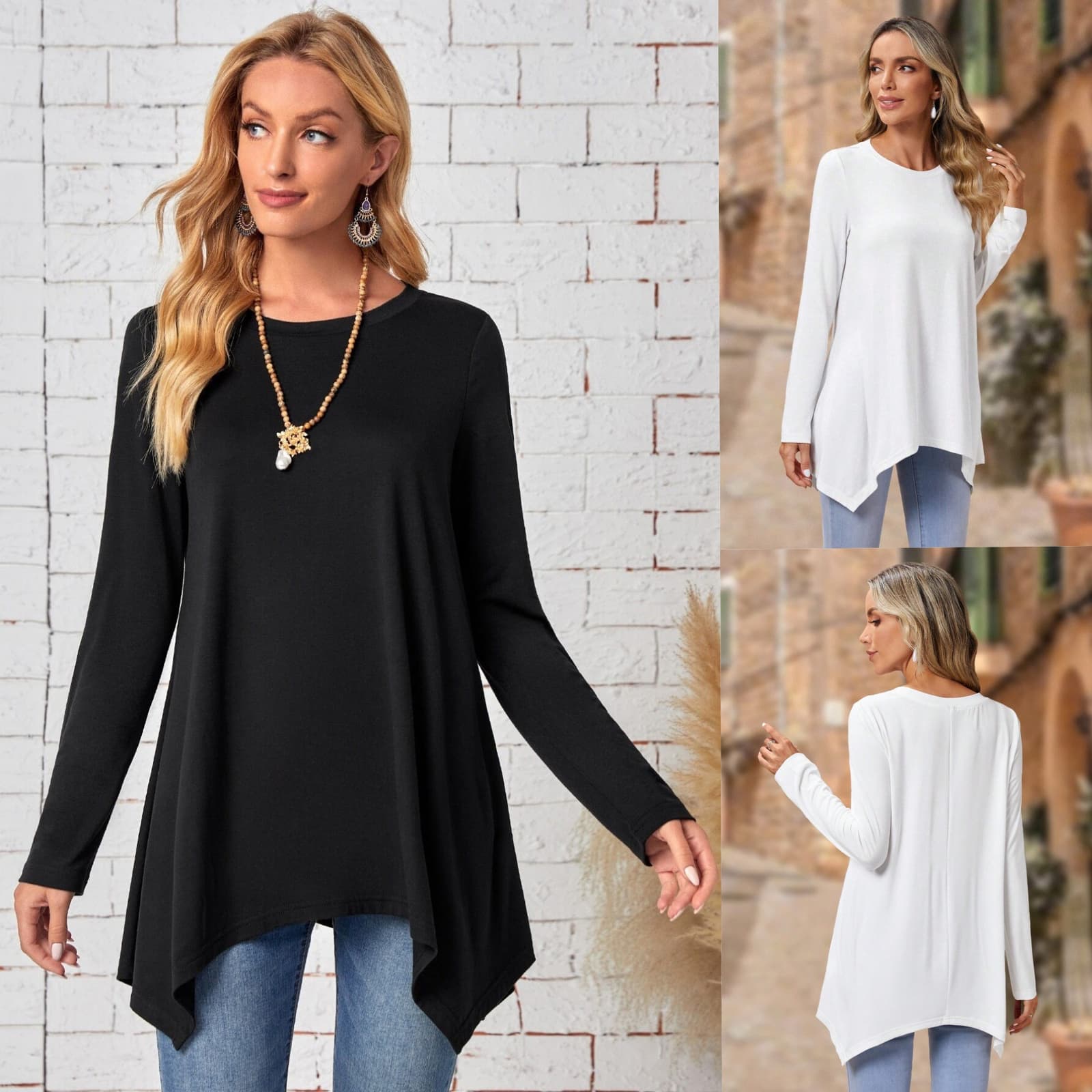 Blusa asimétrica manga larga con cuello redondo