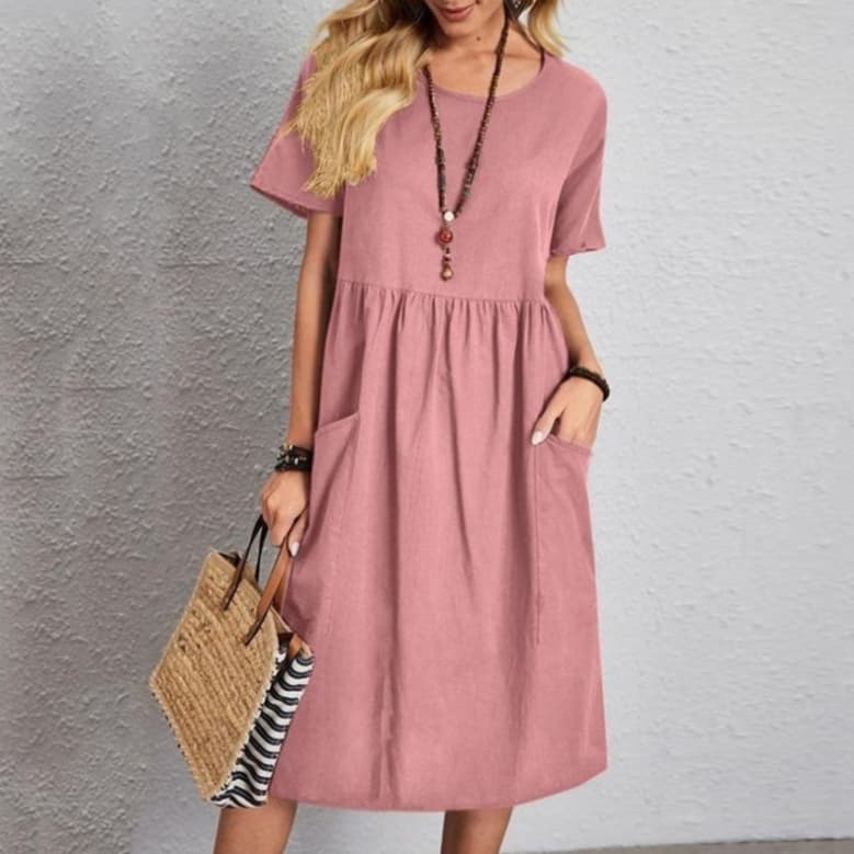 Vestido suelto de algodón y lino con cuello redondo