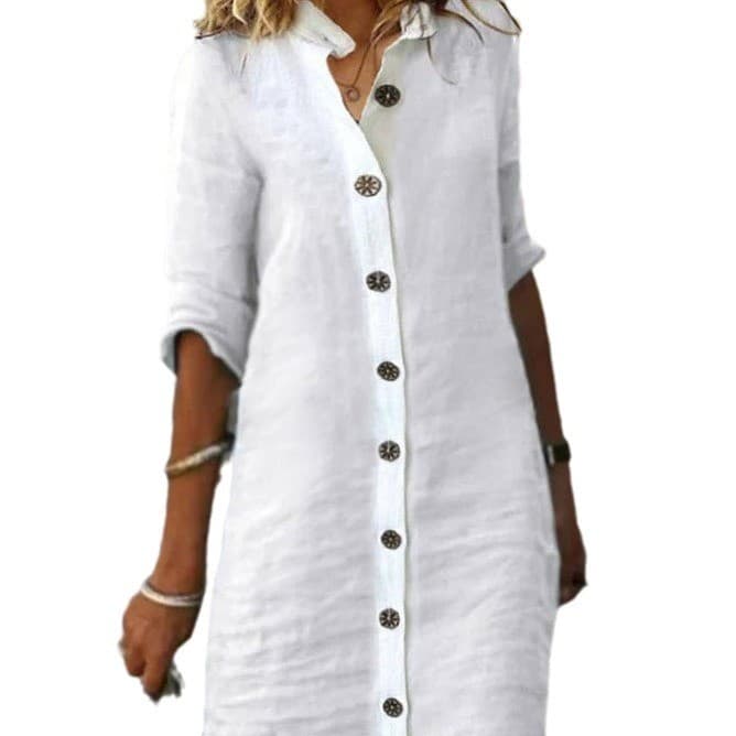 Vestido camisero con mangas medias, cuello V y botones