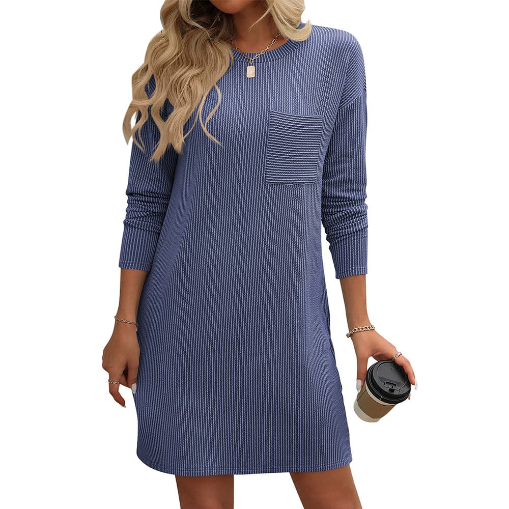 Vestido casual con rayas bicolores, bolsillos y mangas largas
