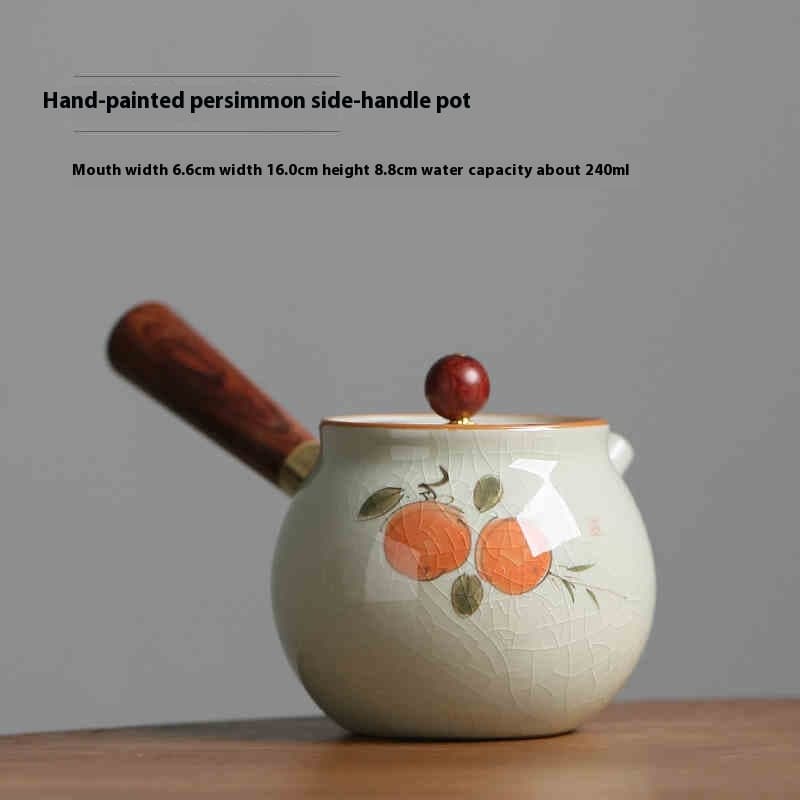 Tetera de cerámica con vidriado agrietado y diseño caqui