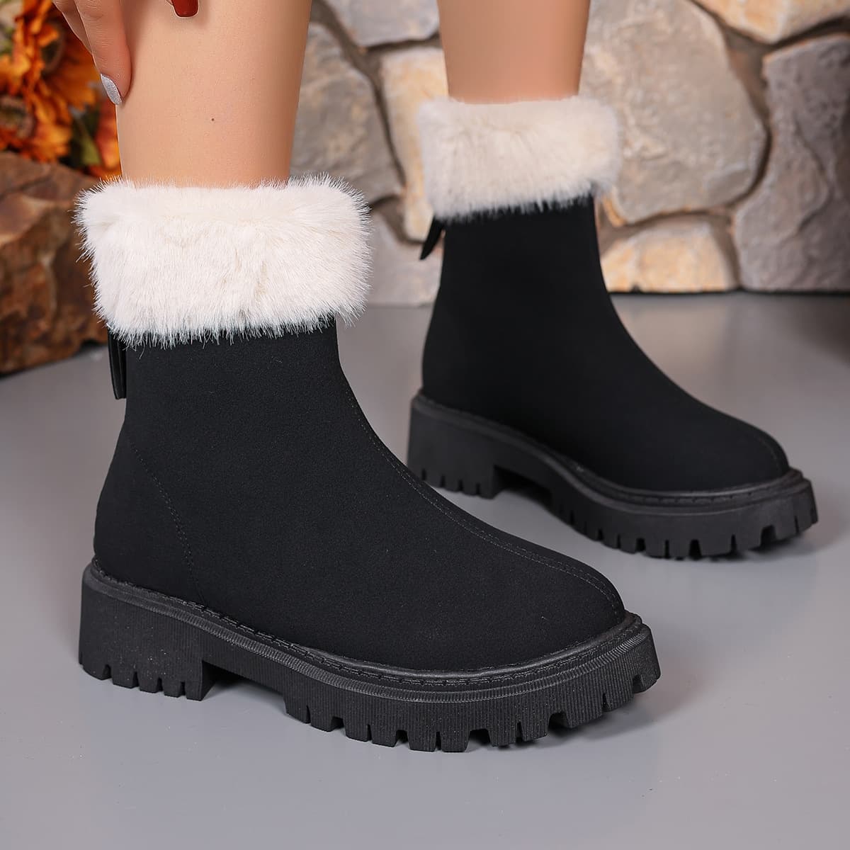 Botas de nieve con tacón cuadrado y forrado cálido para mujer