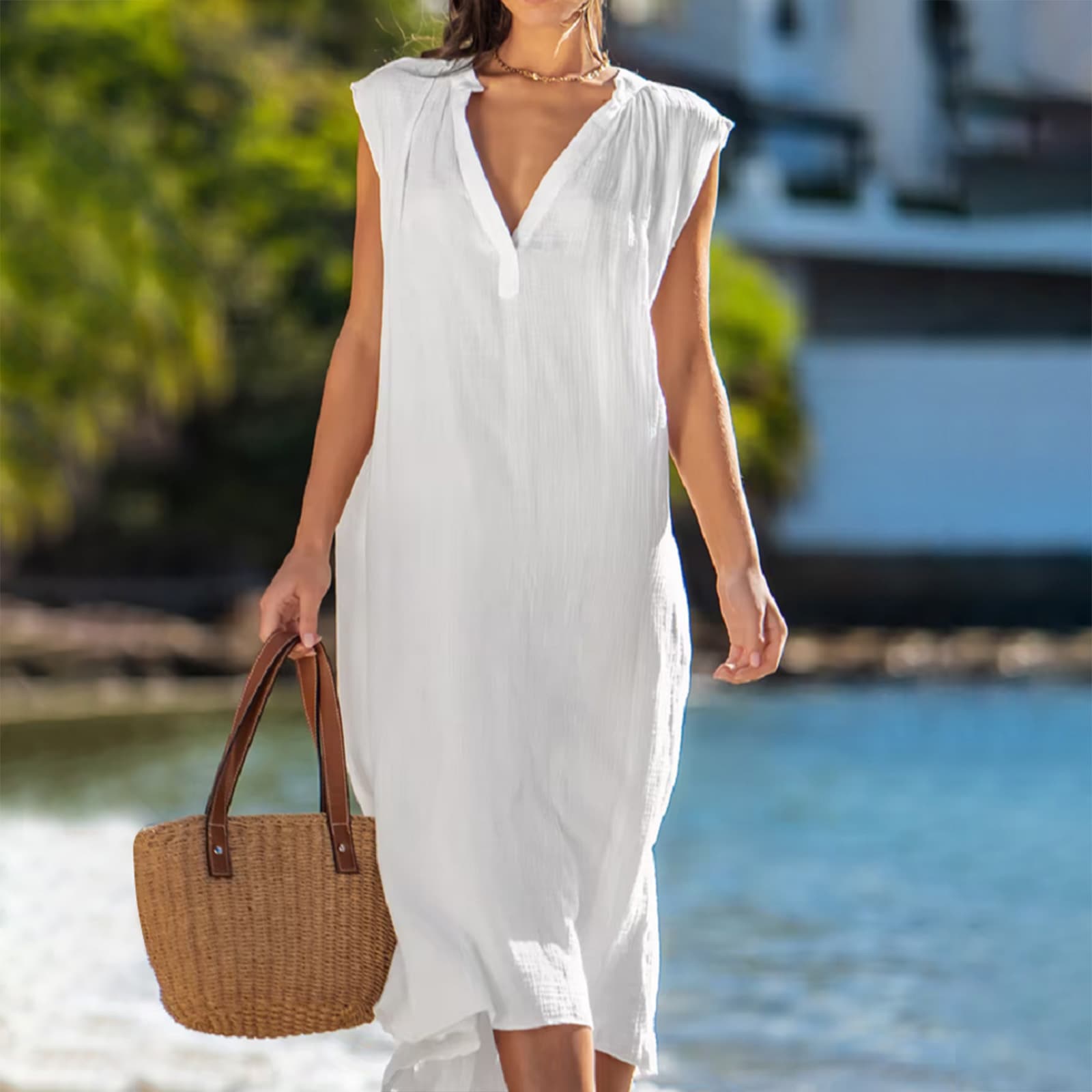 Vestido sin mangas color sólido estilo europeo