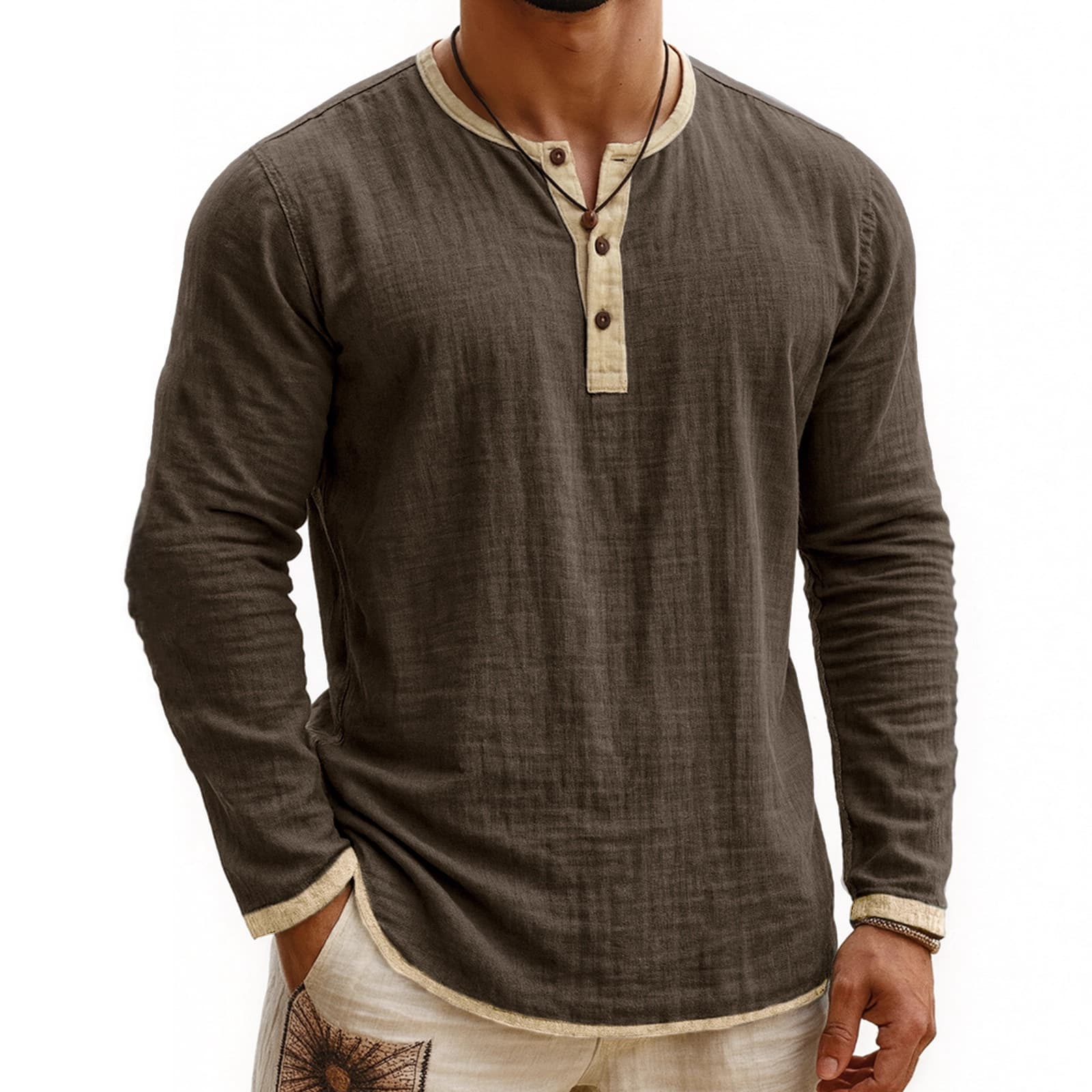 Camisa henley bicolor con impresión digital y botones