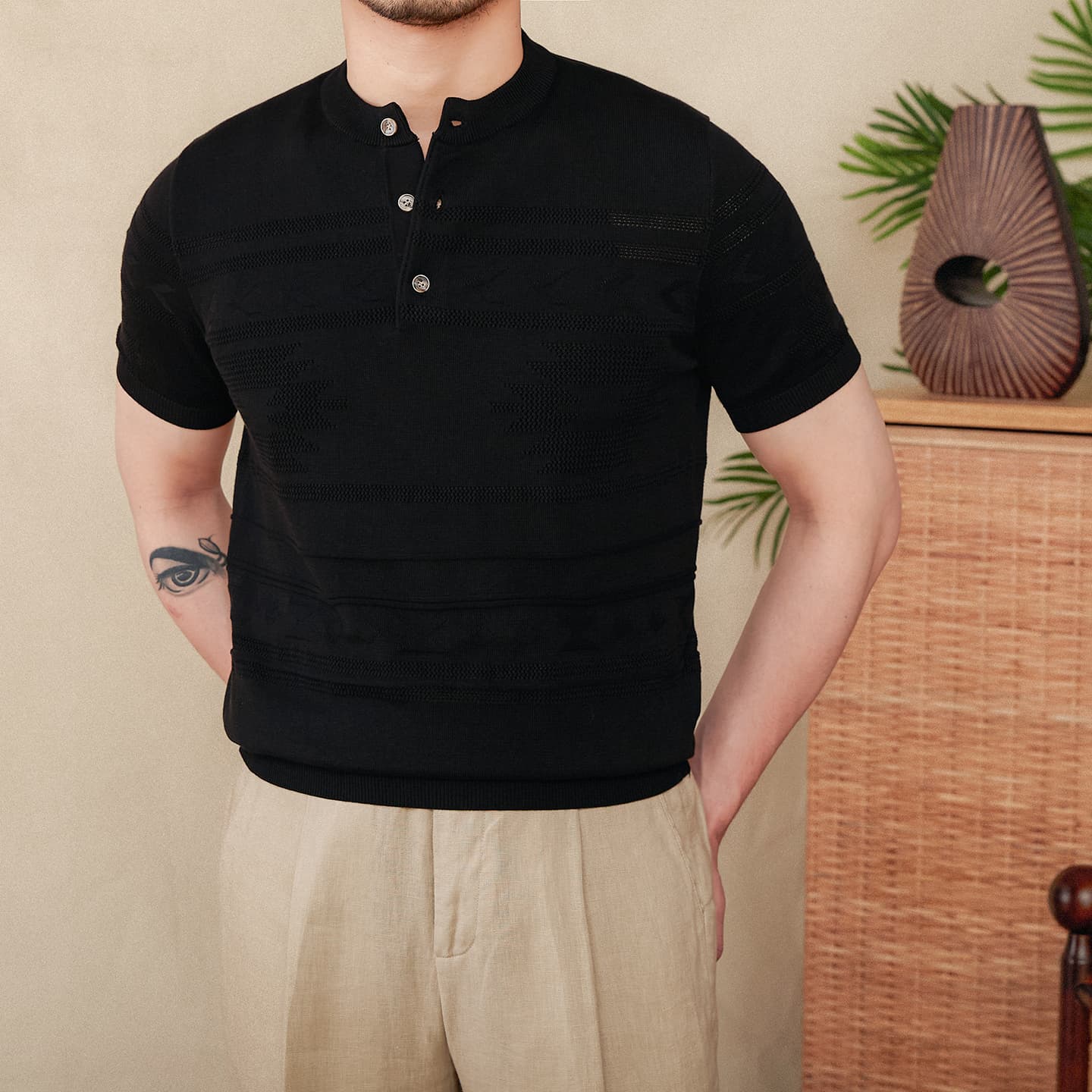 Camiseta henley de punto algodón y tencel