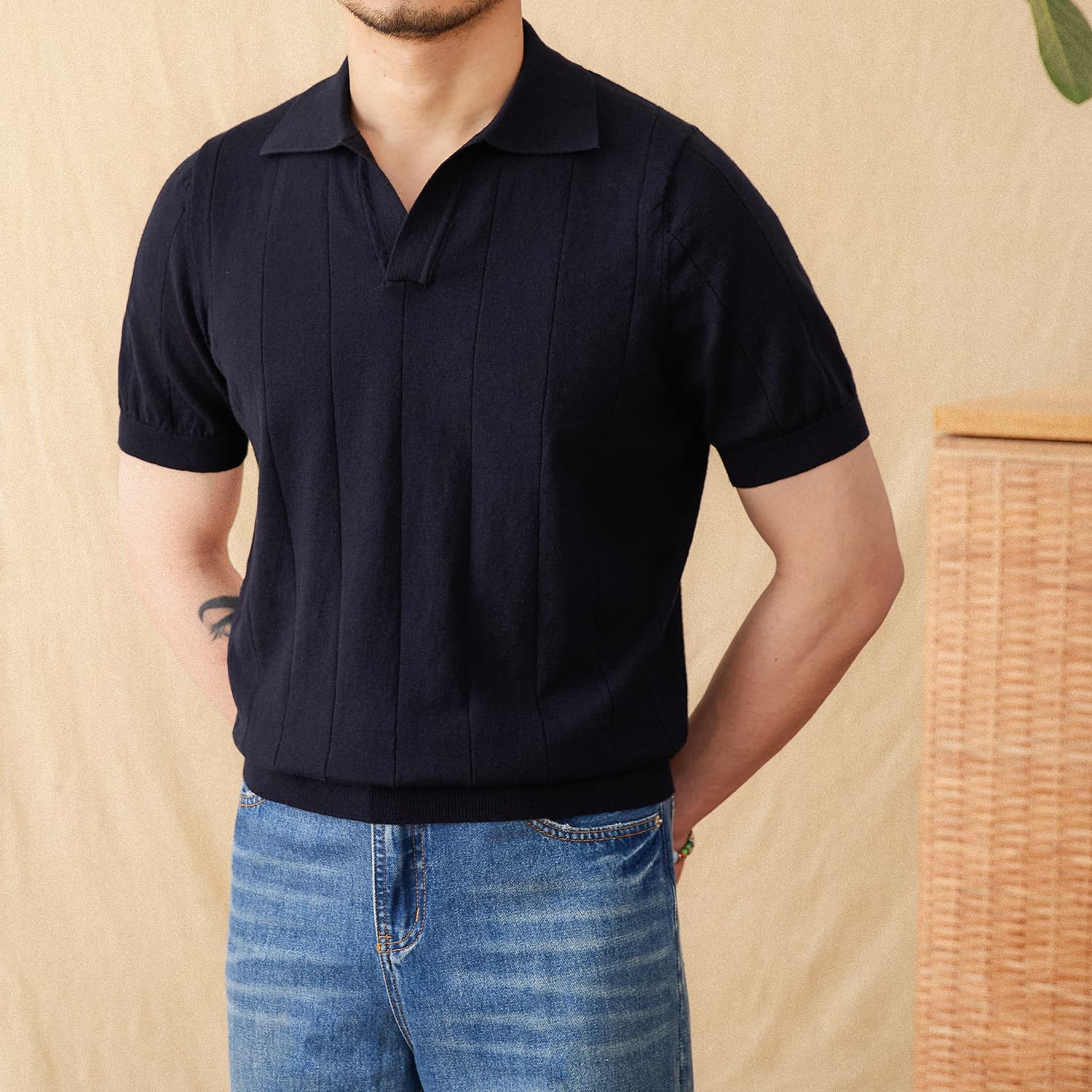 Polo de rayas algodón y lino manga corta