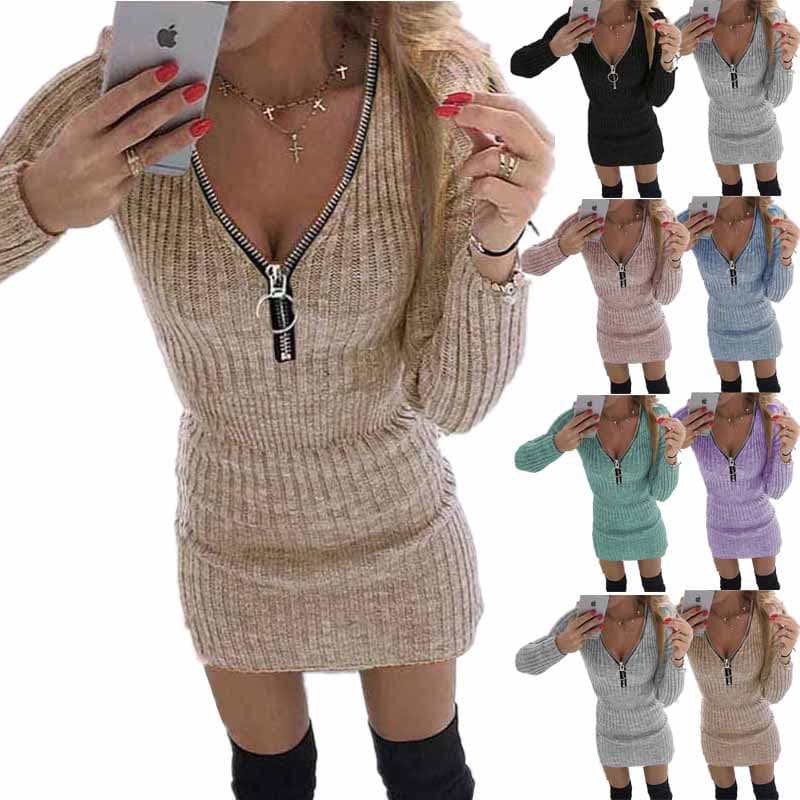 Vestido midi mujer manga larga cuello V