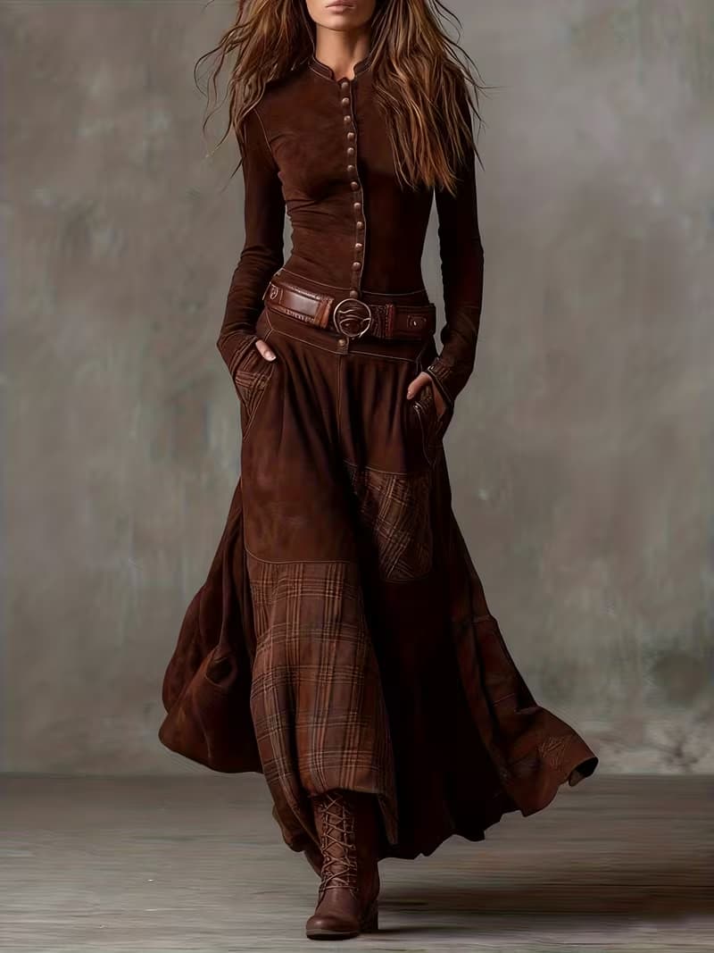 Vestido casual retro con cuello de pie y patchwork a cuadros