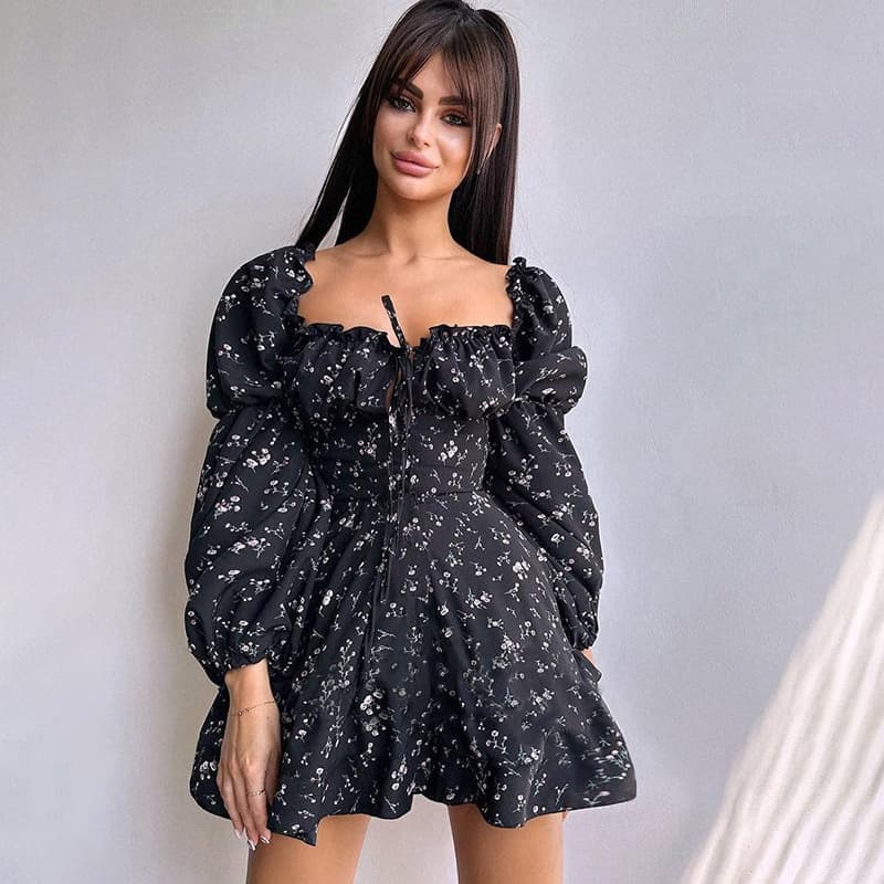 Vestido floral manga larga cintura alta para mujer