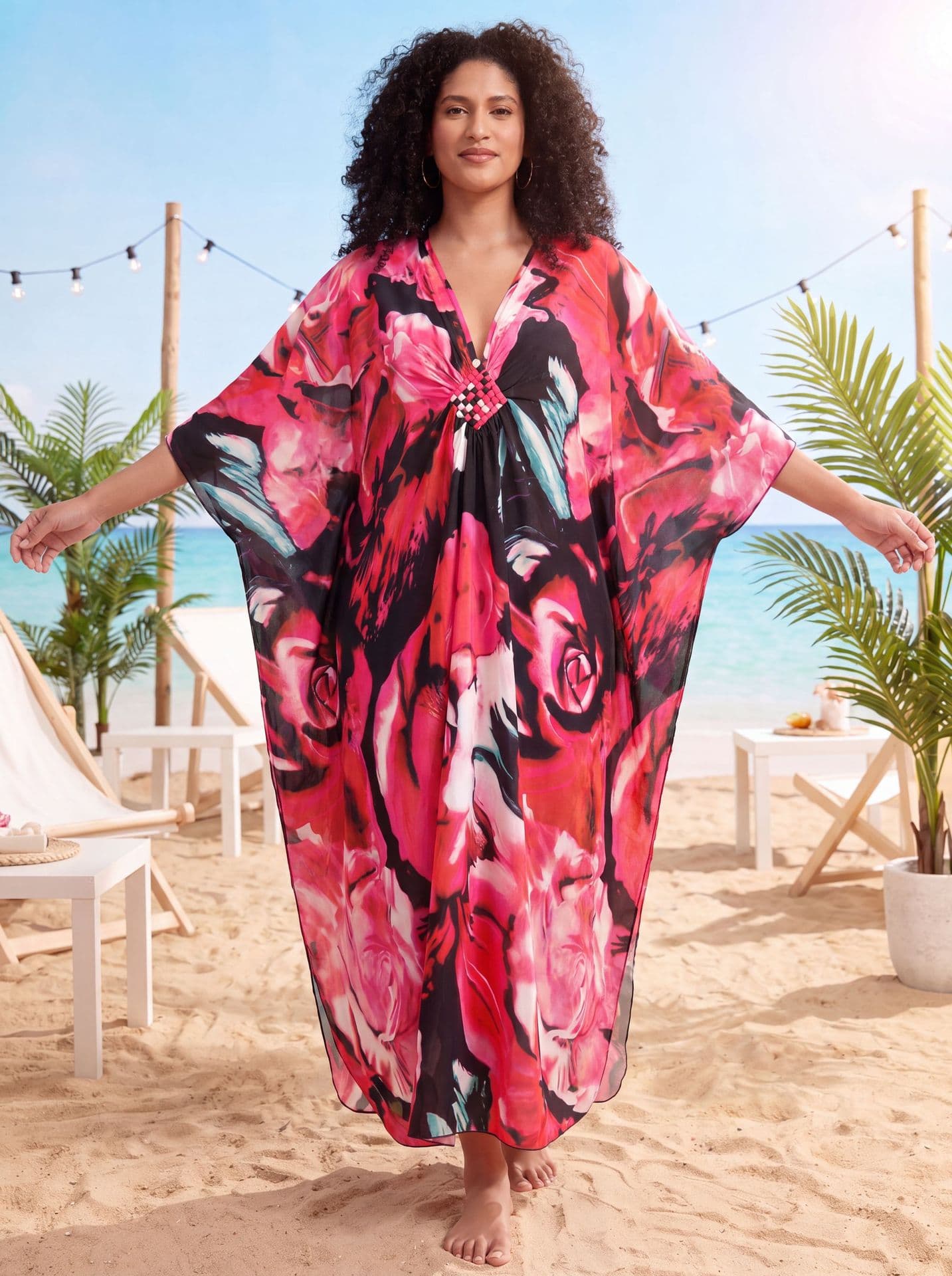 Kaftan largo con estampado floral para playa y piscina